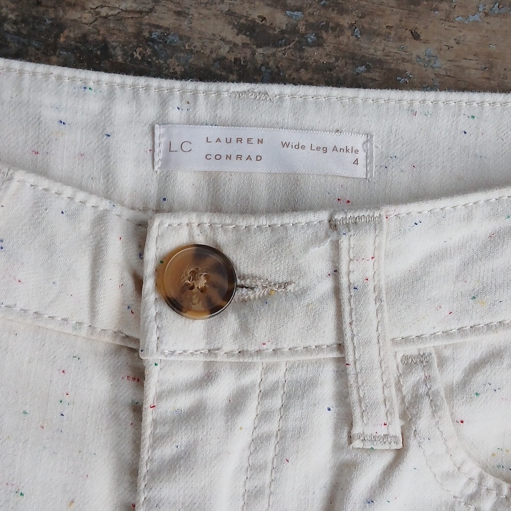 EUC LC Lauren Conrad Wide Leg Ankle Frayed Ankle Speckled Cream Trousers Size 4 - Picture 3 of 8
